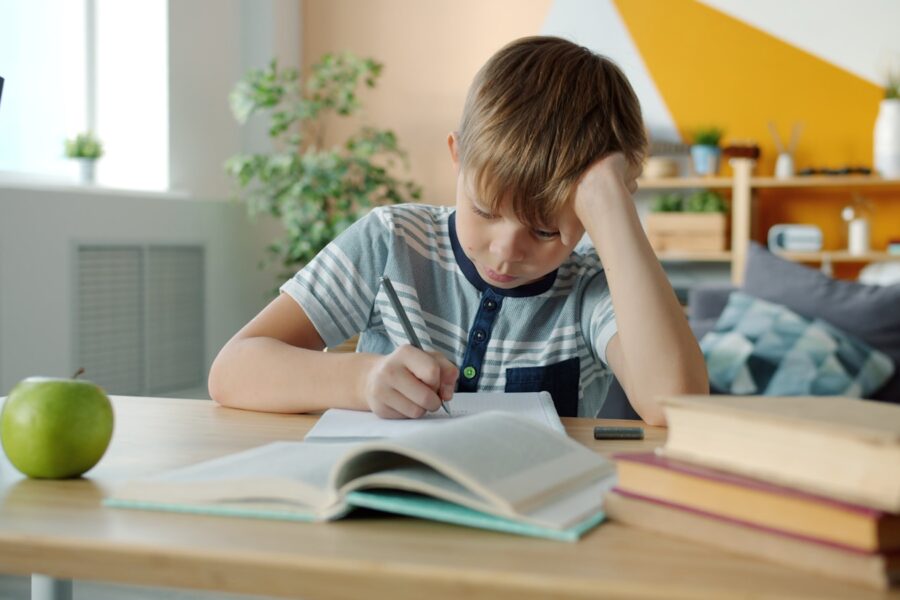 Student reading textbook