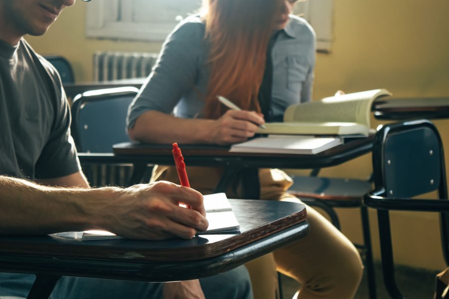 Student studying notebook